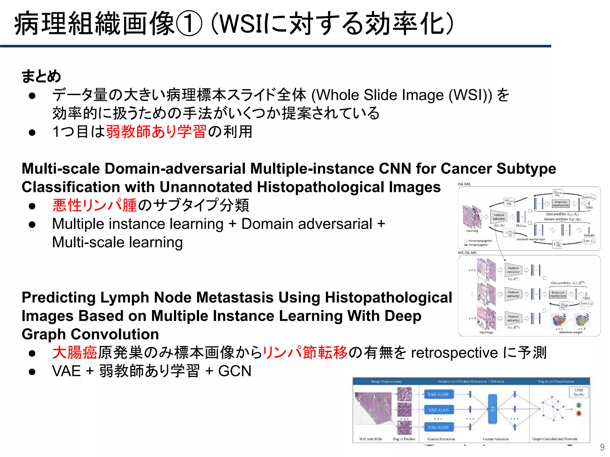 9
病理組織画像① (WSIに対する効率化) 
まとめ
● データ量の大きい病理標本スライド全体 (Whole Slide Image (WSI)) を
効率的に扱うための手法がいくつか提案されている
● 1つ目は弱教師あり学習の利用
Multi-scale Domain-adversarial Multiple-instance CNN for Cancer Subtype
Classification with Unannotated Histopathological Images
● 悪性リンパ腫のサブタイプ分類
● Multiple instance learning + Domain adversarial +
Multi-scale learning
Predicting Lymph Node Metastasis Using Histopathological
Images Based on Multiple Instance Learning With Deep
Graph Convolution
● 大腸癌原発巣のみ標本画像からリンパ節転移の有無を retrospective に予測
● VAE + 弱教師あり学習 + GCN
 
