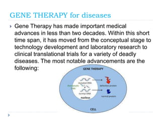GENE THERAPY for diseases
 Gene Therapy has made important medical
advances in less than two decades. Within this short
time span, it has moved from the conceptual stage to
technology development and laboratory research to
clinical translational trials for a variety of deadly
diseases. The most notable advancements are the
following:
 