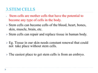 3.STEM CELLS
 Stem cells are mother cells that have the potential to
become any type of cells in the body.
 Stem cells can become cells of the blood, heart, bones,
skin, muscle, brain, etc.
 Stem cells can repair and replace tissue in human body.
 Eg. Tissue in our skin needs constant renewal that could
not take place without stem cells.
 The easiest place to get stem cells is from an embryo.
 