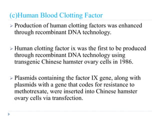 (c)Human Blood Clotting Factor
 Production of human clotting factors was enhanced
through recombinant DNA technology.
 Human clotting factor ix was the first to be produced
through recombinant DNA technology using
transgenic Chinese hamster ovary cells in 1986.
 Plasmids containing the factor IX gene, along with
plasmids with a gene that codes for resistance to
methotrexate, were inserted into Chinese hamster
ovary cells via transfection.
 
