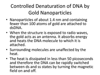 Controlled Denaturation of DNA by
Gold Nanoparticles
• Nanoparticles of about 1.4 nm and containing
fewer than 100 atoms of gold are attached to
dsDNA.
• When the structure is exposed to radio waves,
the gold acts as an antenna. It absorbs energy
and heats the DNA molecule to which it is
attached.
• Surrounding molecules are unaffected by the
heat.
• The heat is dissipated in less than 50 picoseconds
and therefore the DNA can be rapidly switched
between ds and ss states by turning the magnetic
field on and off.
 