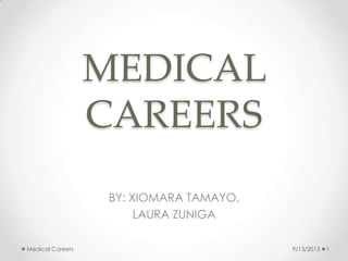 MEDICAL
CAREERS
BY: XIOMARA TAMAYO,
LAURA ZUNIGA
9/13/2013Medical Careers 1
 