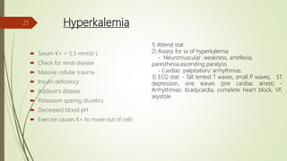 Hyperkalemia
 Serum K+ > 5.5 mmol/ L
 Check for renal disease
 Massive cellular trauma
 Insulin deficiency
 Addison’s disease
 Potassium sparing diuretics
 Decreased blood pH
 Exercise causes K+ to move out of cells
21
1) Attend stat
2) Assess for sx of hyperkalemia
- Neuromuscular: weakness, arreflexia,
paresthesia,ascending paralysis
- Cardiac: palpitation/ arrhythmias
3) ECG stat: - Tall tented T waves, small P waves, ST
depression, sine waves (pre cardiac arrest) -
Arrhythmias: bradycardia, complete heart block, VF,
asystole
 