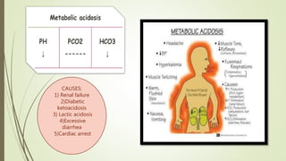 CAUSES:
1) Renal failure
2)Diabetic
ketoacidosis
3) Lactic acidosis
4)Excessive
diarrhea
5)Cardiac arrest
 