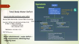 7
Water administered = water deficit +
daily requirements (40ml/kg/day)
+ongoing loses
Click to add text
 