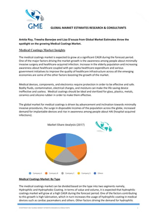 GLOBAL MARKET ESTIMATES RESEARCH & CONSULTANTS
©COPYRIGHT 2017 GLOBAL MARKET ESTIMATES RESEARCH & CONSULTANTS 1
1
Ankita Roy, Treesha Banerjee and Liza D’souza from Global Market Estimates throw the
spotlight on the growing Medical Coatings Market.
Medical Coatings Market Insights
The medical coatings market is expected to grow at a significant CAGR during the forecast period.
One of the major factors driving the market growth is the awareness among people about minimally
invasive surgery and healthcare-acquired infection. Increase in the elderly population and increasing
awareness about healthcare coupled with per capita healthcare expenditure and various
government initiatives to improve the quality of healthcare infrastructure across all the emerging
economies are some of the other factors boosting the growth of the market.
Medical devices, components, and electronics require protection in order to be effective and safe.
Bodily fluids, contamination, electrical charges, and moisture can make the life-saving device
ineffective and useless. Medical coatings should be ideal and sterilized for glass, plastics, metals,
ceramics and silicone rubber in order to make them effective.
The global market for medical coatings is driven by advancement and inclination towards minimally
invasive procedures, the surge in disposable incomes of the population across the globe, increased
demand for implantable devices and rise in awareness among people about HAI (hospital-acquired
infections).
Medical Coatings Market: By Type
The medical coatings market can be divided based on the type into two segments namely,
Hydrophilic and Hydrophobic Coating. In terms of value and volume, it is expected that hydrophilic
coatings market will grow at a high CAGR during the forecast period. One of the factors contributing
to this growth is high lubrication, which in turn increases the usage of hydrophilic coating in medical
devices such as cardiac pacemakers and others. Other factors driving the demand for hydrophilic
 