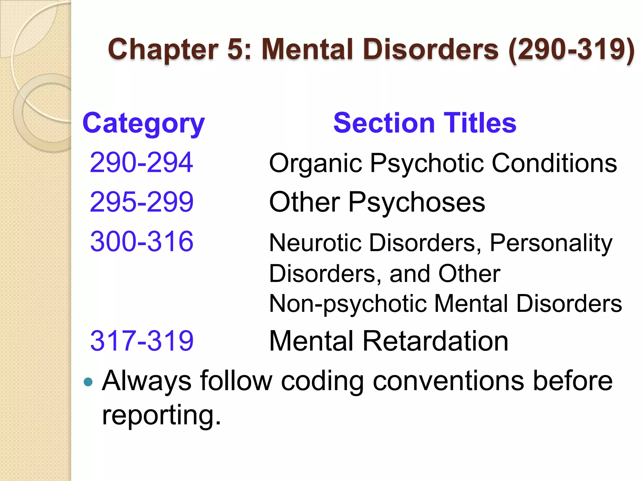 Chapter 5: Mental Disorders (290-319)

Category           Section Titles
290-294       Organic Psychotic Conditions
295-299       Other Psychoses
300-316       Neurotic Disorders, Personality
              Disorders, and Other
              Non-psychotic Mental Disorders
 317-319       Mental Retardation
 Always follow coding conventions before
  reporting.
 