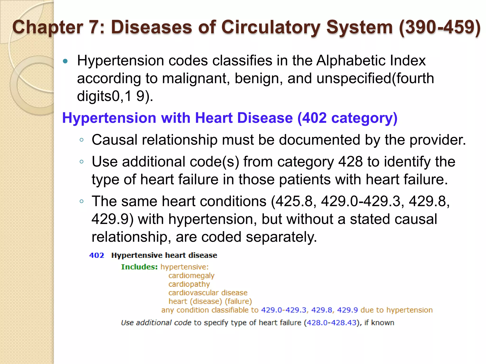 Chapter 7: Diseases of Circulatory System (390-459)
      Hypertension codes classifies in the Alphabetic Index
       according to malignant, benign, and unspecified(fourth
       digits0,1 9).
     Hypertension with Heart Disease (402 category)
       ◦ Causal relationship must be documented by the provider.
       ◦ Use additional code(s) from category 428 to identify the
         type of heart failure in those patients with heart failure.
       ◦ The same heart conditions (425.8, 429.0-429.3, 429.8,
         429.9) with hypertension, but without a stated causal
         relationship, are coded separately.
 