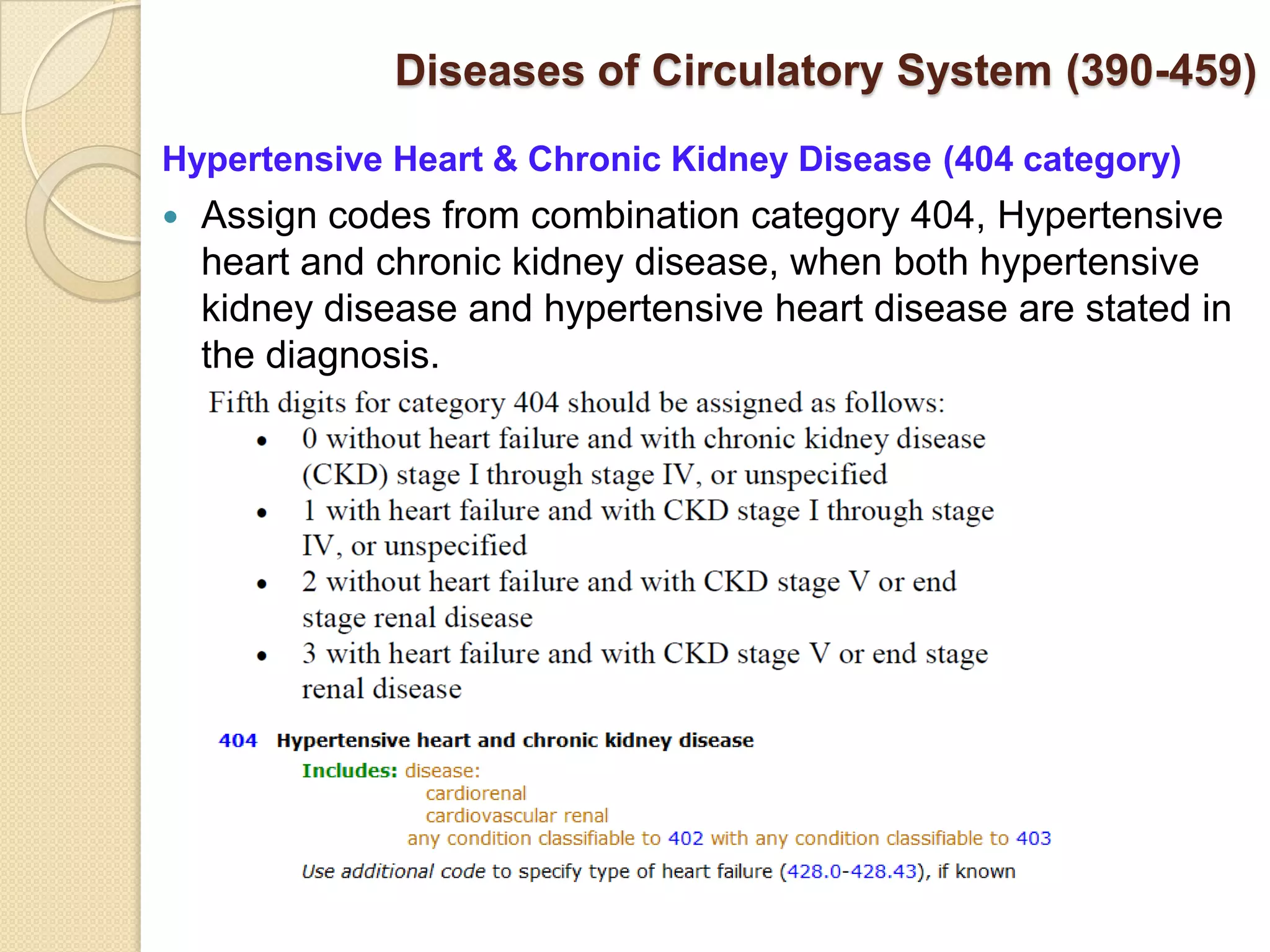 Diseases of Circulatory System (390-459)
Hypertensive Heart & Chronic Kidney Disease (404 category)
   Assign codes from combination category 404, Hypertensive
    heart and chronic kidney disease, when both hypertensive
    kidney disease and hypertensive heart disease are stated in
    the diagnosis.
 