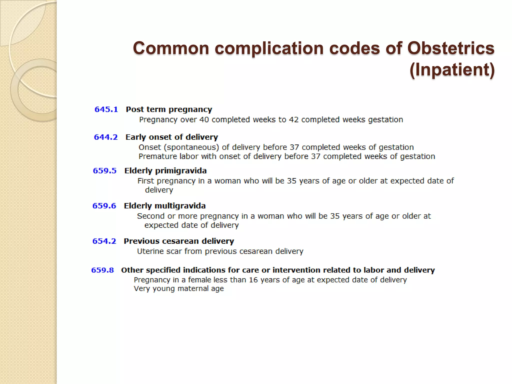 Common complication codes of Obstetrics
                             (Inpatient)
 