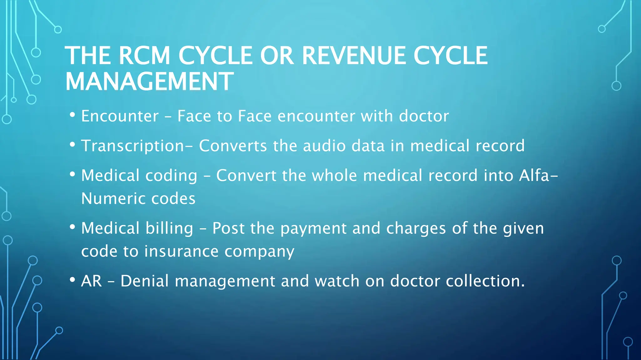THE RCM CYCLE OR REVENUE CYCLE
MANAGEMENT
• Encounter – Face to Face encounter with doctor
• Transcription- Converts the audio data in medical record
• Medical coding – Convert the whole medical record into Alfa-
Numeric codes
• Medical billing – Post the payment and charges of the given
code to insurance company
• AR – Denial management and watch on doctor collection.
 