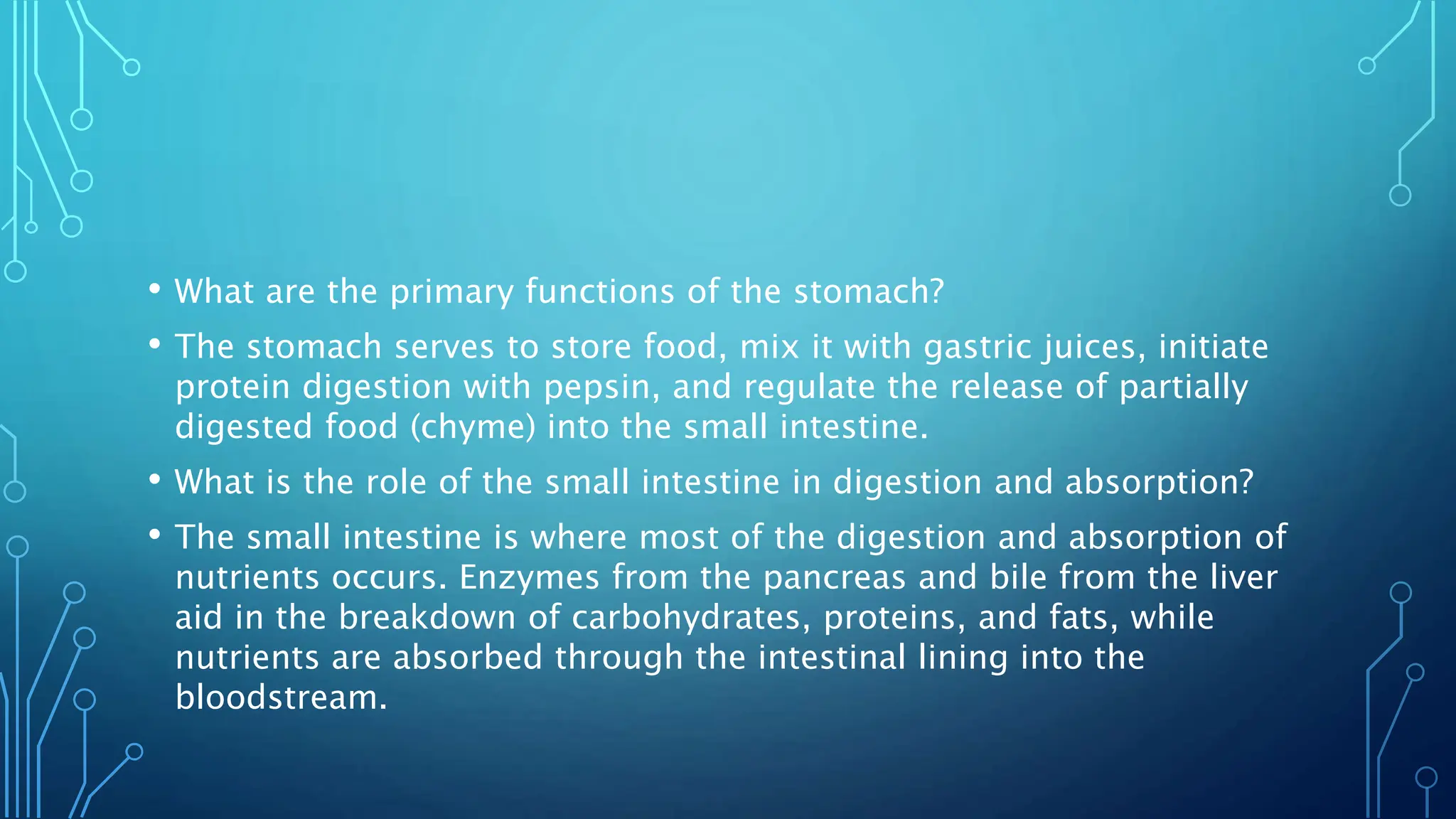 • What are the primary functions of the stomach?
• The stomach serves to store food, mix it with gastric juices, initiate
protein digestion with pepsin, and regulate the release of partially
digested food (chyme) into the small intestine.
• What is the role of the small intestine in digestion and absorption?
• The small intestine is where most of the digestion and absorption of
nutrients occurs. Enzymes from the pancreas and bile from the liver
aid in the breakdown of carbohydrates, proteins, and fats, while
nutrients are absorbed through the intestinal lining into the
bloodstream.
 