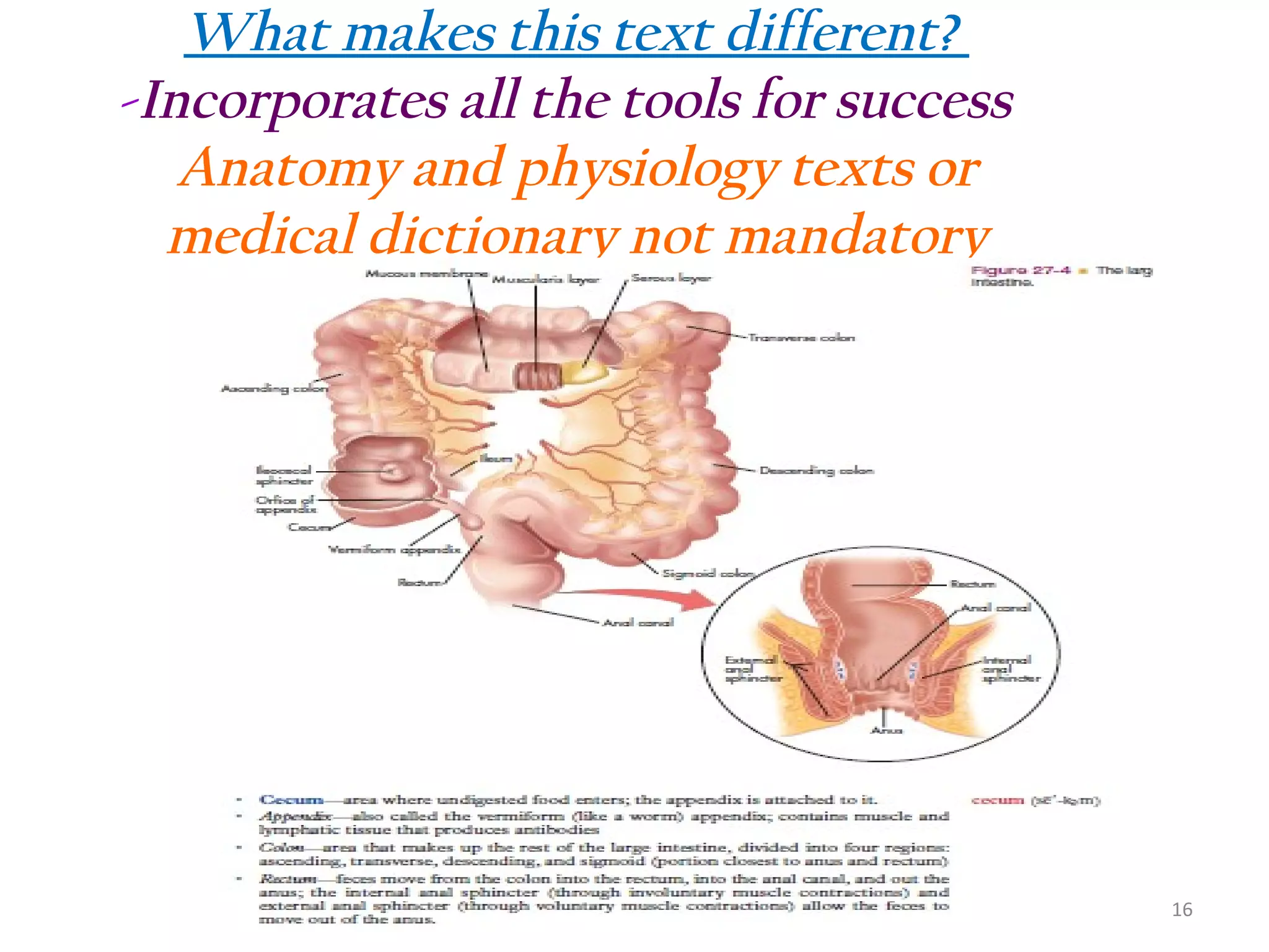 What makes this text different?
-Incorporates all the tools for success
Anatomy and physiology texts or
medical dictionary not mandatory

16

 