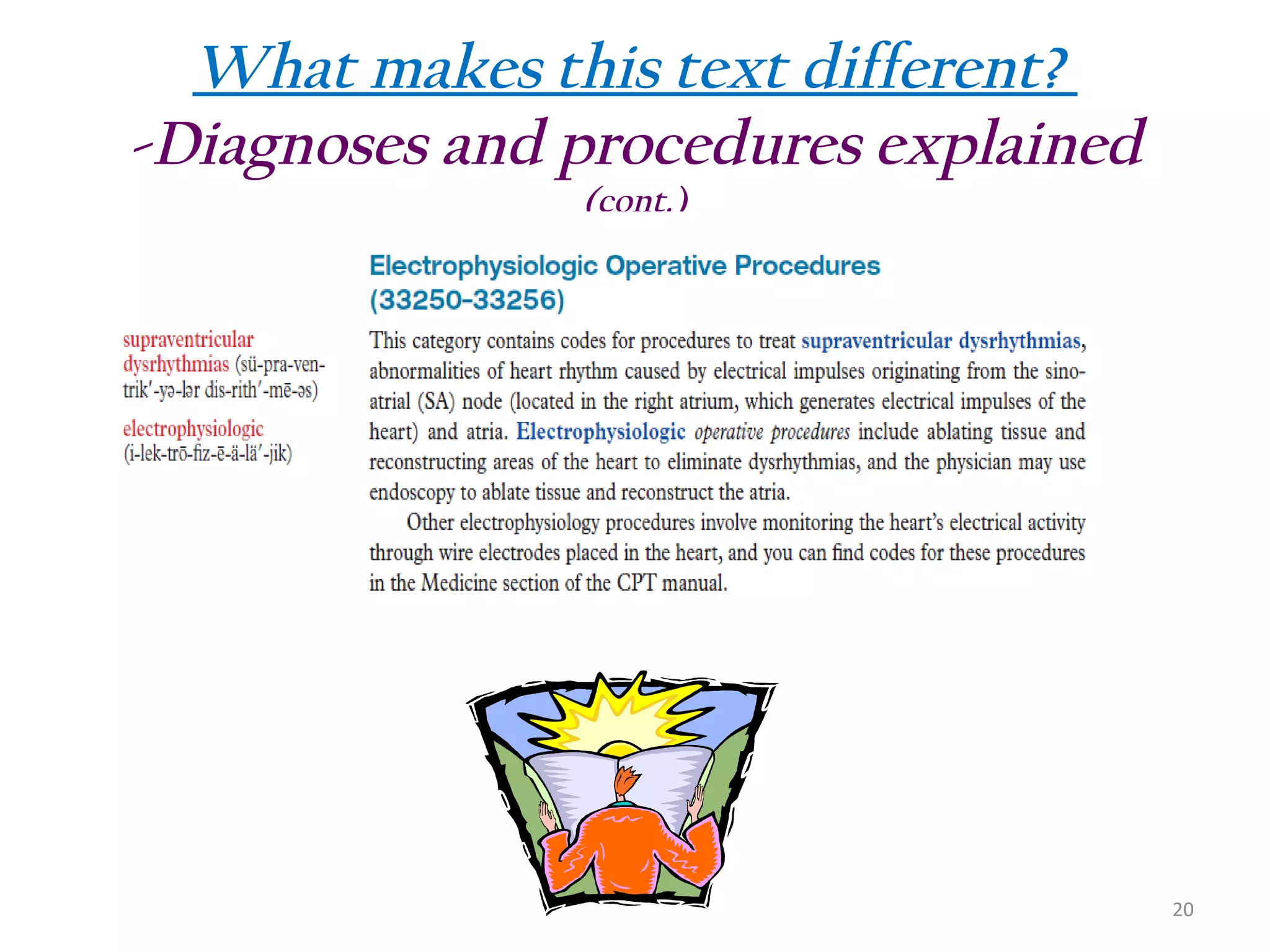 What makes this text different?
-Diagnoses and procedures explained
(cont.)

20

 
