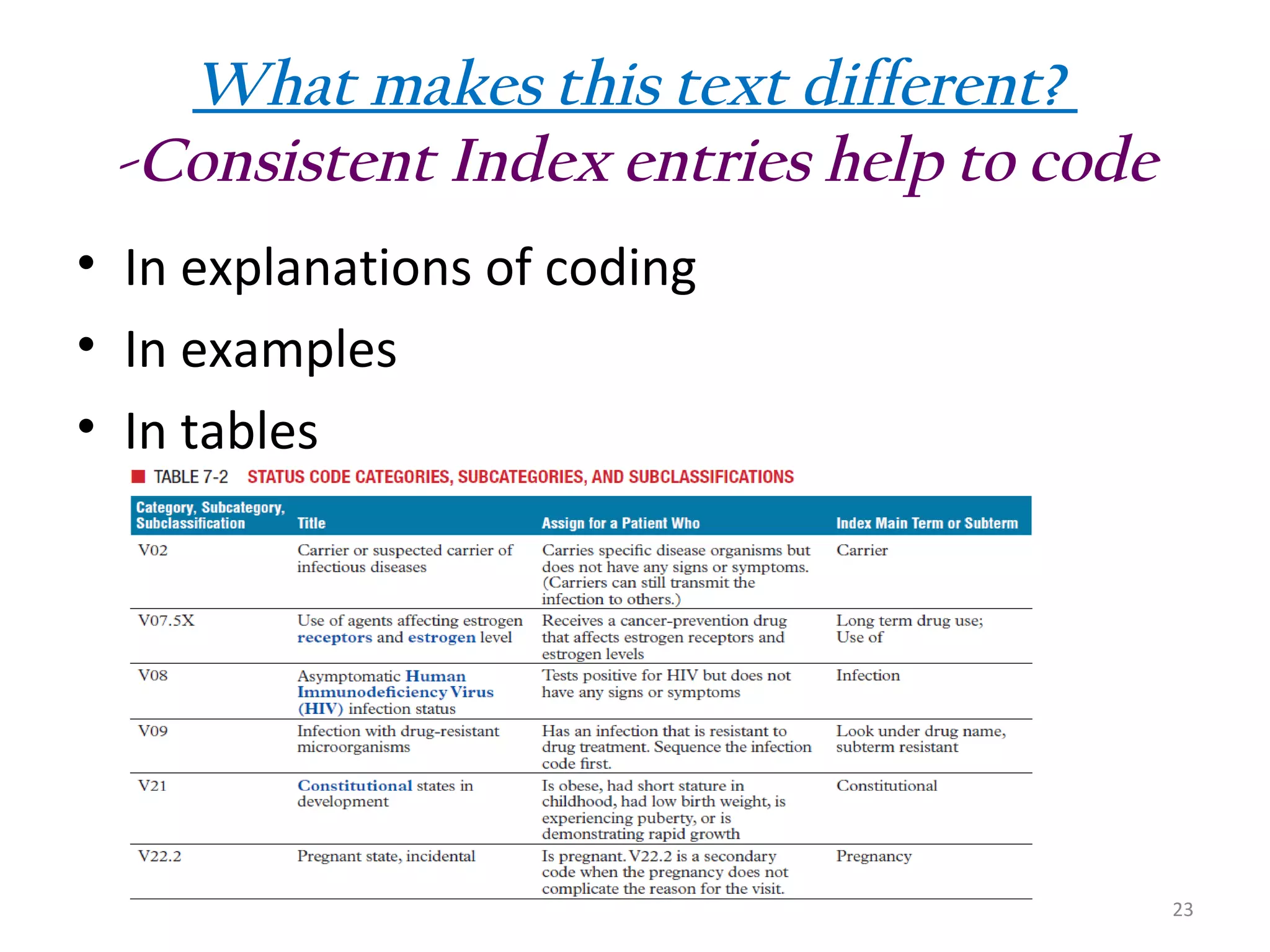 What makes this text different?
-Consistent Index entries help to code
• In explanations of coding
• In examples
• In tables

23

 