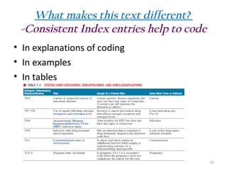 What makes this text different?
-Consistent Index entries help to code
• In explanations of coding
• In examples
• In tables

23

 