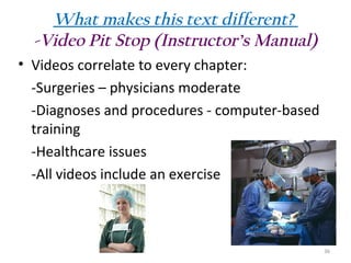 What makes this text different?
-Video Pit Stop (Instructor’s Manual)
• Videos correlate to every chapter:
-Surgeries – physicians moderate
-Diagnoses and procedures - computer-based
training
-Healthcare issues
-All videos include an exercise

36

 