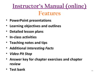 Instructor’s Manual (online)
Features
•
•
•
•
•
•
•
•

PowerPoint presentations
Learning objectives and outlines
Detailed lesson plans
In-class activities
Teaching notes and tips
Additional Interesting Facts
Video Pit Stop
Answer key for chapter exercises and chapter
review
• Test bank

44

 