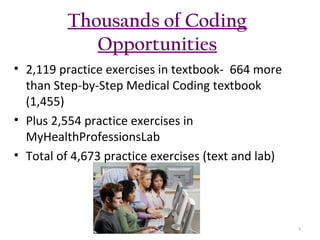 Thousands of Coding
Opportunities
• 2,119 practice exercises in textbook- 664 more
than Step-by-Step Medical Coding textbook
(1,455)
• Plus 2,554 practice exercises in
MyHealthProfessionsLab
• Total of 4,673 practice exercises (text and lab)

7

 