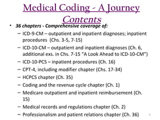 Medical Coding - A Journey
Contents

• 36 chapters - Comprehensive coverage of:
– ICD-9-CM – outpatient and inpatient diagnoses; inpatient
procedures (Chs. 3-5, 7-15)
– ICD-10-CM – outpatient and inpatient diagnoses (Ch. 6,
additional exs. in Chs. 7-15 “A Look Ahead to ICD-10-CM”)
– ICD-10-PCS – inpatient procedures (Ch. 16)
– CPT-4, including modifier chapter (Chs. 17-34)
– HCPCS chapter (Ch. 35)
– Coding and the revenue cycle chapter (Ch. 1)
– Medicare outpatient and inpatient reimbursement (Ch.
15)
– Medical records and regulations chapter (Ch. 2)
8
– Professionalism and patient relations chapter (Ch. 36)

 