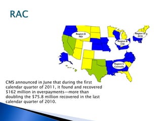 CMS announced in June that during the first
calendar quarter of 2011, it found and recovered
$162 million in overpayments—more than
doubling the $75.8 million recovered in the last
calendar quarter of 2010.
 