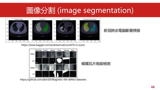12
Dָ (image segmentation)
¹ڷXӒ
FƬ覴Ùzy
https://www.kaggle.com/andrewmvd/covid19-ct-scans
https://github.com/abin24/Magnetic-tile-defect-datasets
 