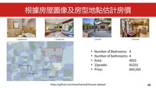 15
݈D񼰷͵cӋr

Number of Bedrooms: 4

Number of bathrooms: 4

Area: 4053

Zipcode: 85255

Price: 869,500
https://github.com/emanhamed/Houses-dataset
 