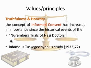 Values/principles
Truthfulness & Honesty
the concept of Informed Consent has increased
in importance since the historical events of the
• “Nuremberg Trials of Nazi Doctors
&
• Infamous Tuskegee syphilis study (1932-72)

 