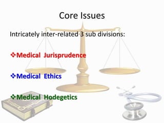 Core Issues
Intricately inter-related 3 sub divisions:
Medical Jurisprudence
Medical Ethics
Medical Hodegetics

 