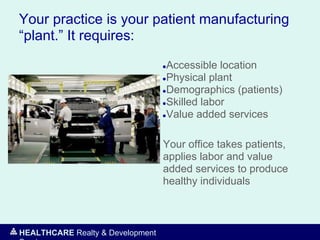 HEALTHCARE Realty & Development
Your practice is your patient manufacturing
“plant.” It requires:
●Accessible location
●Physical plant
●Demographics (patients)
●Skilled labor
●Value added services
Your office takes patients,
applies labor and value
added services to produce
healthy individuals
 