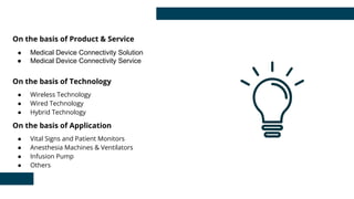 On the basis of Product & Service
● Medical Device Connectivity Solution
● Medical Device Connectivity Service
On the basis of Technology
● Wireless Technology
● Wired Technology
● Hybrid Technology
On the basis of Application
● Vital Signs and Patient Monitors
● Anesthesia Machines & Ventilators
● Infusion Pump
● Others
 