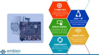 TI OMAP MCU
Powered by industry
leading ARM Cortex A9
MCU from TI
DISPLAY &TOUCH
Large display with touch
interface for seamless
operation and testing
COMPATIBILITY
Developed compatible
with customer’s existing
system
Linux + QT
With the powerful open
source OS and GUI tool
kit for lower cost
CONNECTIVITY
Ethernet connectivity for
HMS integration and
USB for reports
 