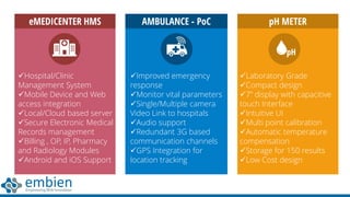 Hospital/Clinic
Management System
Mobile Device and Web
access integration
Local/Cloud based server
Secure Electronic Medical
Records management
Billing , OP, IP, Pharmacy
and Radiology Modules
Android and iOS Support
eMEDICENTER HMS AMBULANCE - PoC pH METER
Improved emergency
response
Monitor vital parameters
Single/Multiple camera
Video Link to hospitals
Audio support
Redundant 3G based
communication channels
GPS Integration for
location tracking
pH
Laboratory Grade
Compact design
7” display with capacitive
touch Interface
Intuitive UI
Multi point calibration
Automatic temperature
compensation
Storage for 150 results
Low Cost design
 