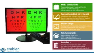 Media Enhanced CPU
Powered by Industry Leading ARM CPU
Optimal Dual Board design
Linux OS with fail safe mechanisms
Sparklet Embedded GUI + OpenVG
UI handled with Embien’s Sparklet Library
Rendering accelerated with OpenVG Support
Improved drawing for faster screens
Flexible Design
Configurable monitor sizes, resolutions, colors
Customizable symbols and languages
Modifiable Themes and Skins
Rich Functionality
Patient Report generation
HMS Integration Support
Ethernet and Wi-Fi Connectivity
Compliance
Developed in compliance to IEC 62304
IEC 60601-1-2 standard conformance
Charts rendered in compliance to standards
 