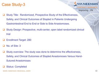 12
Case Study-3
q  Study Title: Randomized, Prospective Study of the Effectiveness,
Safety, and Clinical Outcomes of Stapled in Patients Undergoing
Gastrointestinal End to End or Side to Side Anastomoses.
q  Study Design: Prospective, multi-center, open label randomized clinical
trial
q  Enrollment Target: 280
q  No. of Site: 3
q  Study overview: The study was done to determine the effectiveness,
Safety, and Clinical Outcomes of Stapled Anastomoses Versus Hand-
Sutured Anastomoses
q  Status: Completed
 
