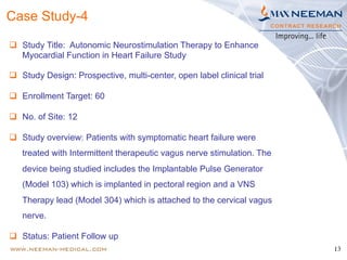 13
Case Study-4
q  Study Title: Autonomic Neurostimulation Therapy to Enhance
Myocardial Function in Heart Failure Study
q  Study Design: Prospective, multi-center, open label clinical trial
q  Enrollment Target: 60
q  No. of Site: 12
q  Study overview: Patients with symptomatic heart failure were
treated with Intermittent therapeutic vagus nerve stimulation. The
device being studied includes the Implantable Pulse Generator
(Model 103) which is implanted in pectoral region and a VNS
Therapy lead (Model 304) which is attached to the cervical vagus
nerve.
q  Status: Patient Follow up
 