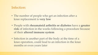Infection:
• The number of people who get an infection after a
knee replacement is very low
• People with rheumatoid arthritis or diabetes have a greater
risk of infection in the weeks following a procedure because
of their altered immune system
• Infection in another part of the body at the time of a
knee operation, could lead to an infection in the knee
months or even years later
 