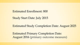 Estimated Enrollment: 800
Study Start Date: July 2015
Estimated Study Completion Date: August 2025
Estimated Primary Completion Date:
August 2016 (primary outcome measure)
 