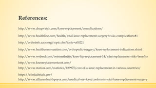 References:
http://www.drugwatch.com/knee-replacement/complications/
http://www.healthline.com/health/total-knee-replacement-surgery/risks-complications#1
http://orthoinfo.aaos.org/topic.cfm?topic=a00221
http://www.healthcommunities.com/orthopedic-surgery/knee-replacement-indications.shtml
http://www.webmd.com/osteoarthritis/knee-hip-replacement-14/joint-replacement-risks-benefits
http://www.kneereplacementcost.com/
http://www.statista.com/statistics/189975/cost-of-a-knee-replacement-in-various-countries/
https://clinicaltrials.gov/
http://www.alliancehealthpryor.com/medical-services/conformis-total-knee-replacement-surgery
 