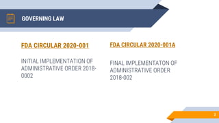 GOVERNING LAW
FDA CIRCULAR 2020-001
INITIAL IMPLEMENTATION OF
ADMINISTRATIVE ORDER 2018-
0002
FDA CIRCULAR 2020-001A
FINAL...