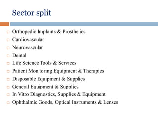 Sector split
 Orthopedic Implants & Prosthetics
 Cardiovascular
 Neurovascular
 Dental
 Life Science Tools & Services
 Patient Monitoring Equipment & Therapies
 Disposable Equipment & Supplies
 General Equipment & Supplies
 In Vitro Diagnostics, Supplies & Equipment
 Ophthalmic Goods, Optical Instruments & Lenses
 