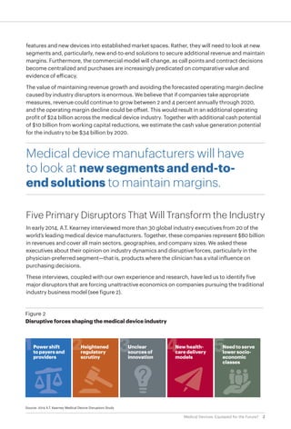 2Medical Devices: Equipped for the Future?
features and new devices into established market spaces. Rather, they will need to look at new
segments and, particularly, new end-to-end solutions to secure additional revenue and maintain
margins. Furthermore, the commercial model will change, as call points and contract decisions
become centralized and purchases are increasingly predicated on comparative value and
evidence of efficacy.
The value of maintaining revenue growth and avoiding the forecasted operating margin decline
caused by industry disruptors is enormous. We believe that if companies take appropriate
measures, revenue could continue to grow between 2 and 4 percent annually through 2020,
and the operating margin decline could be offset. This would result in an additional operating
profit of $24 billion across the medical device industry. Together with additional cash potential
of $10 billion from working capital reductions, we estimate the cash value generation potential
for the industry to be $34 billion by 2020.
Medical device manufacturers will have
to look at new segments and end-to-
end solutions to maintain margins.
Five Primary Disruptors That Will Transform the Industry
In early 2014, A.T. Kearney interviewed more than 30 global industry executives from 20 of the
world’s leading medical device manufacturers. Together, these companies represent $80 billion
in revenues and cover all main sectors, geographies, and company sizes. We asked these
executives about their opinion on industry dynamics and disruptive forces, particularly in the
physician-preferred segment—that is, products where the clinician has a vital influence on
purchasing decisions.
These interviews, coupled with our own experience and research, have led us to identify five
major disruptors that are forcing unattractive economics on companies pursuing the traditional
industry business model (see figure 2).
Source: 2014 A.T. Kearney Medical Device Disruptors Study
Figure 2
Disruptive forces shaping the medical device industry
Power shift
to payers and
providers
Heightened
regulatory
scrutiny
Newhealth-
care delivery
models
Need to serve
lower socio-
economic
classes
Unclear
sources of
innovation
Power shift
to payers and
Heightened
regulatory
New health-
care delivery
N
lo
Unclear
sources of
 