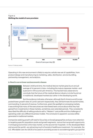 7Medical Devices: Equipped for the Future?
Operating in this new environment is likely to require a whole new set of capabilities, from
product design and manufacturing to marketing, sales, distribution, service bundling,
partnership management, and analytics.
5. Need to serve lower socioeconomic classes
Between 2008 and 2013, the medical device market grew by an annual
average of 10 percent in Asia—including the mature Japanese market—and
9 percent in Africa and Latin America. This has led many observers to
conclude that the future of the medical device industry is to be found not
in traditional, developed markets but rather in the developing world.
But the evidence indicates otherwise: although North America and Europe
posted lower growth rates of 5 and 2 percent respectively, they still dominate the world market,
commanding 75 percent of revenue. Furthermore, given the spotlight on emerging markets,
it was striking how many of the executives we interviewed were unsure about what they had
gained from investments in these markets, sometimes over extended periods. They consistently
described the difficulty of selling products with a “Western” cost profile and the challenges of
operating under very different business models. The conclusion is apparent: success will be
generated in traditional markets.
Companies seeking growth will need to focus less on broad geographies and pay more attention
to targeting specific population pools and growth segments. Just as the true growth opportunity
in emerging economies is the mass market, so the second-tier hospitals—in the developed West
and around the world—are attracting much of society’s healthcare investment. For example, the
U.S. Affordable Care Act (ACA) is focused on providing access to sociodemographic groups that
Source: A.T. Kearney analysis
Figure 4
Shifting the model of care provision
Qualityoflife
Cost of care per day ($)
1 10 100 1,000 10,000
Home care
Institutional care
Chronic
disease
manage-
ment
Com-
munity
clinic
Assisted living
facility
Nursing
home
Acute care
Specialty
clinic
Community
hospital
Intensive
care unit
 