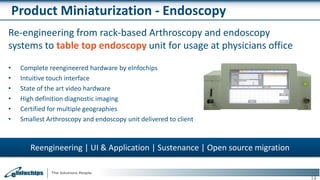 Product Miniaturization - Endoscopy
Re-engineering from rack-based Arthroscopy and endoscopy
systems to table top endoscopy unit for usage at physicians office
• Complete reengineered hardware by eInfochips
• Intuitive touch interface
• State of the art video hardware
• High definition diagnostic imaging
• Certified for multiple geographies
• Smallest Arthroscopy and endoscopy unit delivered to client
14
Reengineering | UI & Application | Sustenance | Open source migration
 