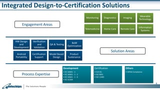 4
Monitoring Diagnostics Imaging
Wearable
Technology
Telemedicine Home Care Remote Care
Information
Systems
HW Design
and
Development
Verification
and
Validation
QA & Testing
BoM
Optimization
Android
Portability
Certification
Support
Model Based
Design
Product
Sustenance
Development
• IEC 60601 - 1
• IEC 60601 - 1 - 2
• IEC 60601 - 1 - 6
• IEC 62304
Certification
• 510 (K)
• ISO 9001
• ISO 13485
Others
• HIPAA Compliance
Engagement Areas
Solution Areas
Process Expertise
Integrated Design-to-Certification Solutions
 