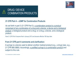 15 | Introduction to anteris medical www.anteris-medical.com
From 21 CFR part 4 comments and clarification:
A syringe is a device used to deliver another medical product (e.g., a drug) (see, e.g.,
21 CFR 880.5860). Accordingly, a prefilled syringe is a combination product and
subject to this rule.
21 CFR Part 4 – cGMP for Combination Products
As set forth in part 3 (21 CFR Part 3), a combination product is a product
comprised of any combination of a drug and a device; a device and a biological
product; a biological product and a drug; or a drug, a device, and a biological
product.
Rule 21 CFR Part 4 became final in January 2013 and became effective 180 days later
DRUG / DEVICE
COMBINATION PRODUCTS
 