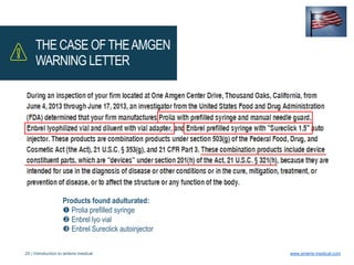 20 | Introduction to anteris medical www.anteris-medical.com
THE CASE OFTHEAMGEN
WARNING LETTER
Products found adulturated:
 Prolia prefilled syringe
 Enbrel lyo vial
 Enbrel Sureclick autoinjector
 
