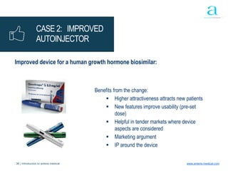 36 | Introduction to anteris medical www.anteris-medical.com
CASE 2: IMPROVED
AUTOINJECTOR
Improved device for a human growth hormone biosimilar:
Benefits from the change:
 Higher attractiveness attracts new patients
 New features improve usability (pre-set
dose)
 Helpful in tender markets where device
aspects are considered
 Marketing argument
 IP around the device
 
