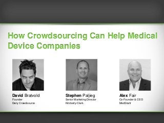 How Are The World’s Best Brands Using Crowdsourcing
How Crowdsourcing Can Help Medical
Device Companies




  David Bratvold          Stephen Paljieg             Alex Fair
  Founder                 Senior Marketing Director   Co-Founder & CEO
  Daily Crowdsource       Kimberly-Clark              MedStartr
 