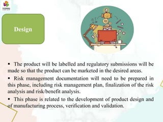  The product will be labelled and regulatory submissions will be
made so that the product can be marketed in the desired areas.
 Risk management documentation will need to be prepared in
this phase, including risk management plan, finalization of the risk
analysis and risk/benefit analysis.
 This phase is related to the development of product design and
of manufacturing process, verification and validation.
Design
 